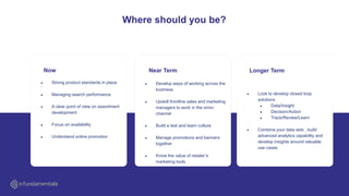Where should you be?
● Look to develop closed loop
solutions
● Data/Insight
● Decision/Action
● Track/Review/Learn
● Combine your data sets , build
advanced analytics capability and
develop insights around valuable
use cases
Longer Term
.
Now Near Term
● Develop ways of working across the
business
● Upskill frontline sales and marketing
managers to work in the omni-
channel
● Build a test and learn culture
● Manage promotions and banners
together
● Know the value of retailer’s
marketing tools
● Strong product standards in place
● Managing search performance
● A clear point of view on assortment
development
● Focus on availability
● Understand online promotion
 