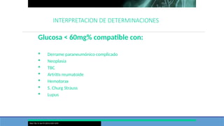 Derrame Pleural
INTERPRETACION DE DETERMINACIONES
Med. Clin. N. Am 95 (2011):1055-1070
Glucosa < 60mg% compatible con:
 Derrame paraneumónico complicado
 Neoplasia
 TBC
 Artritis reumatoide
 Hemotorax
 S. Churg Strauss
 Lupus
 