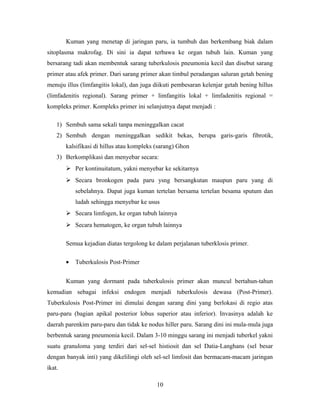 Kuman yang menetap di jaringan paru, ia tumbuh dan berkembang biak dalam
sitoplasma makrofag. Di sini ia dapat terbawa ke organ tubuh lain. Kuman yang
bersarang tadi akan membentuk sarang tuberkulosis pneumonia kecil dan disebut sarang
primer atau afek primer. Dari sarang primer akan timbul peradangan saluran getah bening
menuju illus (limfangitis lokal), dan juga diikuti pembesaran kelenjar getah bening hillus
(limfadenitis regional). Sarang primer + limfangitis lokal + limfadenitis regional =
kompleks primer. Kompleks primer ini selanjutnya dapat menjadi :
1) Sembuh sama sekali tanpa meninggalkan cacat
2) Sembuh dengan meninggalkan sedikit bekas, berupa garis-garis fibrotik,
kalsifikasi di hillus atau kompleks (sarang) Ghon
3) Berkomplikasi dan menyebar secara:
 Per kontinuitatum, yakni menyebar ke sekitarnya
 Secara bronkogen pada paru ysng bersangkutan maupun paru yang di
sebelahnya. Dapat juga kuman tertelan bersama tertelan besama sputum dan
ludah sehingga menyebar ke usus
 Secara limfogen, ke organ tubuh lainnya
 Secara hematogen, ke organ tubuh lainnya
Semua kejadian diatas tergolong ke dalam perjalanan tuberklosis primer.
•

Tuberkulosis Post-Primer

Kuman yang dormant pada tuberkulosis primer akan muncul bertahun-tahun
kemudian sebagai infeksi endogen menjadi tuberkulosis dewasa (Post-Primer).
Tuberkulosis Post-Primer ini dimulai dengan sarang dini yang berlokasi di regio atas
paru-paru (bagian apikal posterior lobus superior atau inferior). Invasinya adalah ke
daerah parenkim paru-paru dan tidak ke nodus hiller paru. Sarang dini ini mula-mula juga
berbentuk sarang pneumonia kecil. Dalam 3-10 minggu sarang ini menjadi tuberkel yakni
suatu granuloma yang terdiri dari sel-sel histiosit dan sel Datia-Langhans (sel besar
dengan banyak inti) yang dikelilingi oleh sel-sel limfosit dan bermacam-macam jaringan
ikat.
10

 