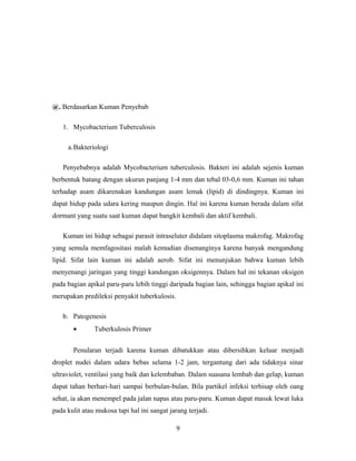 @. Berdasarkan Kuman Penyebab
1. Mycobacterium Tuberculosis
a.Bakteriologi
Penyebabnya adalah Mycobacterium tuberculosis. Bakteri ini adalah sejenis kuman
berbentuk batang dengan ukuran panjang 1-4 mm dan tebal 03-0,6 mm. Kuman ini tahan
terhadap asam dikarenakan kandungan asam lemak (lipid) di dindingnya. Kuman ini
dapat hidup pada udara kering maupun dingin. Hal ini karena kuman berada dalam sifat
dormant yang suatu saat kuman dapat bangkit kembali dan aktif kembali.
Kuman ini hidup sebagai parasit intraseluter didalam sitoplasma makrofag. Makrofag
yang semula memfagositasi malah kemudian disenanginya karena banyak mengandung
lipid. Sifat lain kuman ini adalah aerob. Sifat ini menunjukan bahwa kuman lebih
menyenangi jaringan yang tinggi kandungan oksigennya. Dalam hal ini tekanan oksigen
pada bagian apikal paru-paru lebih tinggi daripada bagian lain, sehingga bagian apikal ini
merupakan predileksi penyakit tuberkulosis.
b. Patogenesis
•

Tuberkulosis Primer

Penularan terjadi karena kuman dibatukkan atau dibersihkan keluar menjadi
droplet nudei dalam udara bebas selama 1-2 jam, tergantung dari ada tidaknya sinar
ultraviolet, ventilasi yang baik dan kelembaban. Dalam suasana lembab dan gelap, kuman
dapat tahan berhari-hari sampai berbulan-bulan. Bila partikel infeksi terhisap oleh oang
sehat, ia akan menempel pada jalan napas atau paru-paru. Kuman dapat masuk lewat luka
pada kulit atau mukosa tapi hal ini sangat jarang terjadi.
9

 