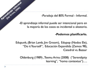 -Paradoja del 80% Formal - Informal.

  -El aprendizaje informal puede ser intencional pero en
         la mayoría de los casos es incidental o aleatorio.

                                -Podemos planificarlo.

Edupunk, (Brian Lamb, Jim Groom), Edupop (Nodos Ele),
     “Do it Yourself”, Educación Expandida (Zemos 98),
                                    Catedral vs. Bazaar

   Oldenburg (1989) , Teemu Arina (2008) (“Serendipity
                       learning”, “homo contextus”)….
 