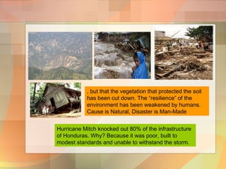 , but that the vegetation that protected the soil
has been cut down. The “resilience” of the
environment has been weakened by humans.
Cause is Natural, Disaster is Man-Made
Hurricane Mitch knocked out 80% of the infrastructure
of Honduras. Why? Because it was poor, built to
modest standards and unable to withstand the storm.
 