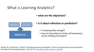 What is Learning Analytics?
• what are the objectives?
• is it about reflection or prediction?
• is showing data enough?
• how to show data to create self-awareness,
sense-making and impact?
[Greller, W., & Drachsler, H. (2012). Translating Learning into Numbers: A Generic Framework for Learning Analytics.
Educational Technology & Society, 15 (3), 42–57. http://ifets.info/journals/15_3/4.pdf ]
 