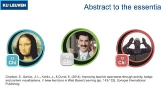 Abstract to the essentia
Charleer, S., Santos, J. L., Klerkx, J., & Duval, E. (2014). Improving teacher awareness through activity, badge
and content visualizations. In New Horizons in Web Based Learning (pp. 143-152). Springer International
Publishing.
 