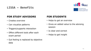 LISSA – Benefits
FOR STUDY ADVISORS
• Creates overview
• Can visualize patterns
• Triggers/supports interaction
• Offers different tools after each
exam period
• Gut feeling is replaced by objective
data
FOR STUDENTS
• Helps to get an overview
• Gives an added value to the advising
session
• Is clear and correct
• Helps to get insight
42
 