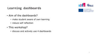 7
• Aim of the dashboards?
• make student aware of own learning
• induce self reflection
• This workshop?
• discuss and actively use 4 dashboards
Learning dashboards
 