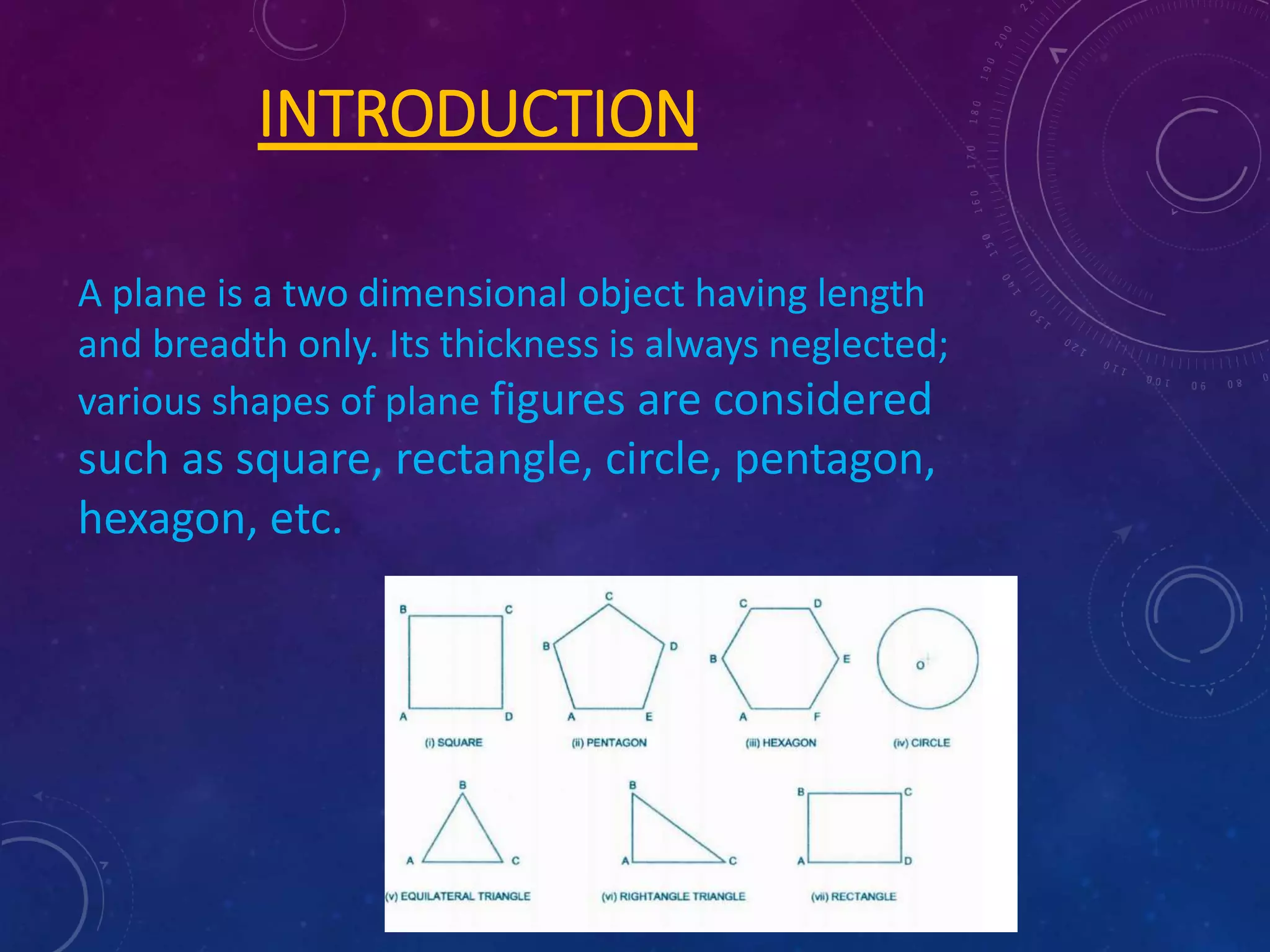 INTRODUCTION 
A plane is a two dimensional object having length 
and breadth only. Its thickness is always neglected; 
various shapes of plane figures are considered 
such as square, rectangle, circle, pentagon, 
hexagon, etc. 
 