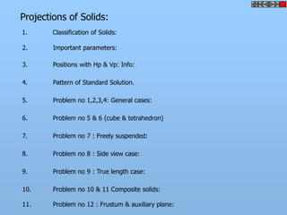Projections of Solids:
1. Classification of Solids:
2. Important parameters:
3. Positions with Hp & Vp: Info:
4. Pattern of Standard Solution.
5. Problem no 1,2,3,4: General cases:
6. Problem no 5 & 6 (cube & tetrahedron)
7. Problem no 7 : Freely suspended:
8. Problem no 8 : Side view case:
9. Problem no 9 : True length case:
10. Problem no 10 & 11 Composite solids:
11. Problem no 12 : Frustum & auxiliary plane:
 