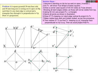 b b1
X Y
a
d
c
o
d’ c’
b’
a’
o’
c1
a1
d1
o1
o’1
a’1
b’1
c’1
d’1
Problem 4:A square pyramid 30 mm base side
and 50 mm long axis is resting on it’s apex on Hp,
such that it’s one slant edge is vertical and a
triangular face through it is perpendicular to Vp.
Draw it’s projections.
Solution Steps :
1.Assume it standing on Hp but as said on apex.( inverted ).
2.It’s Tv will show True Shape of base( square)
3.Draw a corner case square of 30 mm sides as Tv(as shown)
Showing all slant edges dotted, as those will not be visible from top.
4.taking 50 mm axis project Fv. ( a triangle)
5.Name all points as shown in illustration.
6.Draw 2nd Fv keeping o’a’ slant edge vertical & project it’s Tv
7.Make visible lines dark and hidden dotted, as per the procedure.
8.Then redrew 2nd Tv as final Tv keeping a1o1d1 triangular face
perpendicular to Vp I.e.xy. Then as usual project final Fv.
 