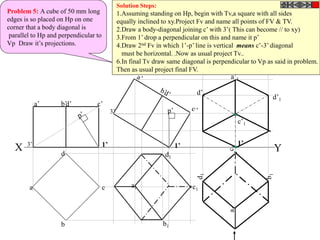 Problem 5: A cube of 50 mm long
edges is so placed on Hp on one
corner that a body diagonal is
parallel to Hp and perpendicular to
Vp Draw it’s projections.
X Y
b
c
d
a
a’ d’ c’
b’
a1
b1
d1
c1
1’
a’1
d’1
c’1
d’1
Solution Steps:
1.Assuming standing on Hp, begin with Tv,a square with all sides
equally inclined to xy.Project Fv and name all points of FV & TV.
2.Draw a body-diagonal joining c’ with 3’( This can become // to xy)
3.From 1’ drop a perpendicular on this and name it p’
4.Draw 2nd Fv in which 1’-p’ line is vertical means c’-3’ diagonal
must be horizontal. .Now as usual project Tv..
6.In final Tv draw same diagonal is perpendicular to Vp as said in problem.
Then as usual project final FV.
1’
3’ 1’
3’
 