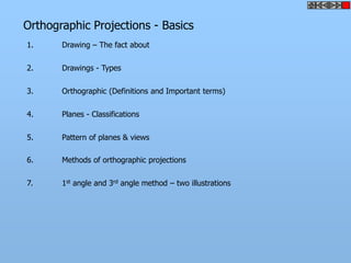 Orthographic Projections - Basics
1. Drawing – The fact about
2. Drawings - Types
3. Orthographic (Definitions and Important terms)
4. Planes - Classifications
5. Pattern of planes & views
6. Methods of orthographic projections
7. 1st angle and 3rd angle method – two illustrations
 