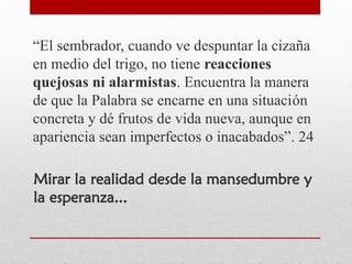 “El sembrador, cuando ve despuntar la cizaña
en medio del trigo, no tiene reacciones
quejosas ni alarmistas. Encuentra la manera
de que la Palabra se encarne en una situación
concreta y dé frutos de vida nueva, aunque en
apariencia sean imperfectos o inacabados”. 24
Mirar la realidad desde la mansedumbre y
la esperanza...
 
