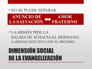 DIMENSIÓN SOCIAL
DE LA EVANGELIZACIÓN
• NO SE PUEDE SEPARAR
• LA MISIÓN PIDE LA
SALIDA DE SÍ HACIA EL HERMANO:
CARIDAD EFECTIVA CON EL PRÓJIMO
ANUNCIO DE
LA SALVACIÓN
AMOR
FRATERNO
 