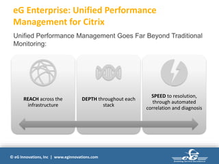 © eG Innovations, Inc | www.eginnovations.com
eG Enterprise: Unified Performance
Management for Citrix
Unified Performance Management Goes Far Beyond Traditional
Monitoring:
REACH across the
infrastructure
DEPTH throughout each
stack
SPEED to resolution,
through automated
correlation and diagnosis
 