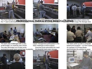 PROFESSIONAL OVEN & STOVE MANUFACTURING The Team had two primary objectives; the 1 st  was to eliminate ISO 9000 issues. Major non-conformances in the area of document control (Out of date Prints). The other objective was to reduce the 800 Sq. Ft Hard Copy File Storage area. The team was challenged with a very small budget, so creativity was critical. Upper management participated in the team meetings to show support. The team came up with a computer  based print program – no hard copies! This idea eliminated out of date prints, engineering would have control over availability. Scanned prints eliminated the need for physical (hard copy) storage. An operator of a Press Brake  demonstrates the solution to upper management.! 