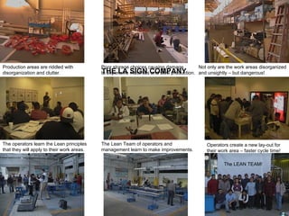 THE LA SIGN COMPANY Production areas are riddled with  disorganization and clutter. Poor storage choices causing damage to expensive materials and slow production. Not only are the work areas disorganized and unsightly – but dangerous! The Lean Team of operators and  management learn to make improvements. The operators learn the Lean principles  that they will apply to their work areas. Operators create a new lay-out for  their work area – faster cycle time! The LEAN TEAM!  