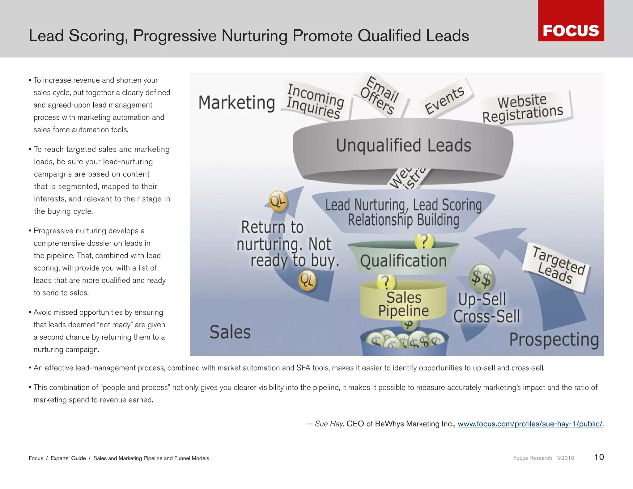 Lead Scoring, Progressive Nurturing Promote Qualified Leads

• To increase revenue and shorten your
 sales cycle, put together a clearly defined
 and agreed-upon lead management
 process with marketing automation and
 sales force automation tools.

• To reach targeted sales and marketing
  leads, be sure your lead-nurturing
  campaigns are based on content
  that is segmented, mapped to their
  interests, and relevant to their stage in
  the buying cycle.

• Progressive nurturing develops a
 comprehensive dossier on leads in
 the pipeline. That, combined with lead
 scoring, will provide you with a list of
 leads that are more qualified and ready
 to send to sales.

• Avoid missed opportunities by ensuring
 that leads deemed “not ready” are given
 a second chance by returning them to a
 nurturing campaign.

• An effective lead-management process, combined with market automation and SFA tools, makes it easier to identify opportunities to up-sell and cross-sell.

• This combination of “people and process” not only gives you clearer visibility into the pipeline, it makes it possible to measure accurately marketing’s impact and the ratio of
 marketing spend to revenue earned.                   коринг - это сил ! рогр ссивное н пр вление кл ссического прод ющего м ркетинг ,                                    не
                                                     имиджевого / репут ционного.
                                                                                      — Sue Hay, CEO of BeWhys Marketing Inc ., www .focus .com/profiles/sue-hay-1/public/,



Focus / Experts’ Guide / Sales and Marketing Pipeline and Funnel Models                                                                                Focus Research ©2010     10
 