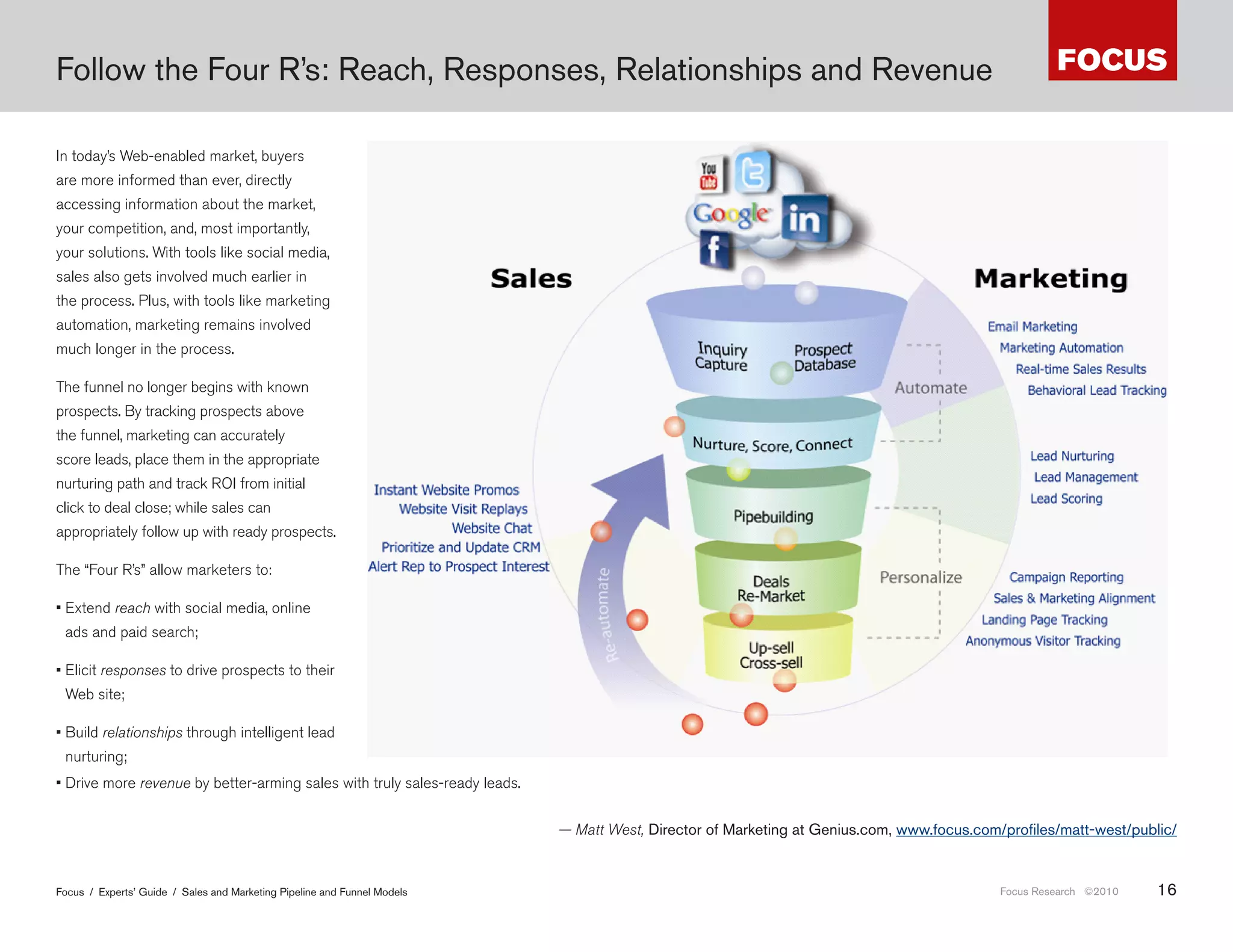 Follow the Four R’s: Reach, Responses, Relationships and Revenue

In today’s Web-enabled market, buyers
are more informed than ever, directly
accessing information about the market,
your competition, and, most importantly,
your solutions. With tools like social media,
sales also gets involved much earlier in
the process. Plus, with tools like marketing
automation, marketing remains involved
much longer in the process.

The funnel no longer begins with known
prospects. By tracking prospects above
the funnel, marketing can accurately
score leads, place them in the appropriate
nurturing path and track ROI from initial
click to deal close; while sales can
appropriately follow up with ready prospects.

The “Four R’s” allow marketers to:

• Extend reach with social media, online
 ads and paid search;

• Elicit responses to drive prospects to their
 Web site;

• Build relationships through intelligent lead
 nurturing;
• Drive more revenue by better-arming sales with truly sales-ready leads.
                                                                                   еплох я сводк , но не более того.

                                                                            — Matt West, Director of Marketing at Genius .com, www .focus .com/profiles/matt-west/public/


Focus / Experts’ Guide / Sales and Marketing Pipeline and Funnel Models                                                                       Focus Research ©2010   16
 