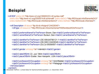 13WerkTW: Joseph und seine BrüderFW: RomanDW: 1926 - 1943ist realisiertExpression 1FE: TextSp: deutsch…ist verkörpert……Manifestation 1aTM: Joseph und seine BrüderEO: Frankfurt, MVerl: S. FischerEJ: 2005UmD: 1323 S.AbD: 22 cmIDM: ISBN-13 978-3-10-048391-1verknüpfen beliebig vieler weiterer Manifestationen, die „Text“ in „deutsch“ beinhaltenist einExempar1a_1IDE: 2007 A 74834Exempar1a_2IDE: 2007 A 93683| Alexander Haffner | Linked Data für Sacherschließungsdaten | 2. Dezember 2010 
