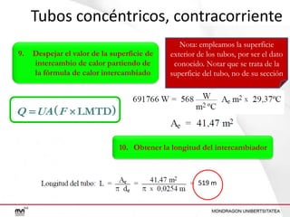 Tubos concéntricos, contracorriente
9.

Despejar el valor de la superficie de
intercambio de calor partiendo de
la fórmula de calor intercambiado

Nota: empleamos la superficie
exterior de los tubos, por ser el dato
conocido. Notar que se trata de la
superficie del tubo, no de su sección

Q  UA  F  LMTD
10. Obtener la longitud del intercambiador

519 m

 