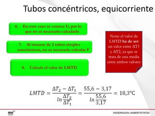 Tubos concéntricos, equicorriente
6.

En este caso se conoce U, por lo
que no es necesario calcularlo

7. Al tratarse de 2 tubos simples
concéntricos, no es necesario calcular F

8.

Calcula el valor de LMTD

Nota: el valor de
LMTD ha de ser
un valor entre ∆T1
y ∆T2, ya que se
trata de una media
entre ambos valores

 