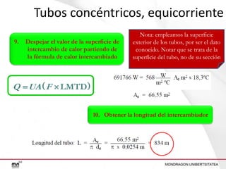 Tubos concéntricos, equicorriente
9.

Despejar el valor de la superficie de
intercambio de calor partiendo de
la fórmula de calor intercambiado

Nota: empleamos la superficie
exterior de los tubos, por ser el dato
conocido. Notar que se trata de la
superficie del tubo, no de su sección

Q  UA  F  LMTD
10. Obtener la longitud del intercambiador

 
