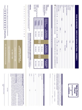 FICHA DE INSCRIÇÃO - DIREITO DE ENERGIA ELÉTRICA - EG0900511
Nome:                                                                                                                  Cargo:
                                                                                                                                                                                                                                                                        9912247475-DR/SPM
CPF:                                                            Depto.:                                                                      E-mail:
                                                                                                                                                                                                                                                                                IIR
Sup. Imediato:                                                                                                         Cargo:
Razão Social:
Nome Fantasia da Empresa:                                                                                              Ramo de Atividade:
CCM:                                                                                  CNPJ:                                        Insc. Estadual:
Endereço Comercial:
CEP:                                       Cidade:                                                                     Estado:                                                                                                                                      FORMAS DE PAGAMENTO
Telefone: ( )                                                                 Celular: ( )                                                        Fax: ( )                                                             Emissão de boleto restrita até 3 dias antes do evento. Após esta data, favor contatar a Central
                                                                                                                                                                                                                       de Atendimento pelo telefone 11 3017 6888 ou e-mail customer.service@ibcbrasil.com.br. A
Nome p/ contato:                                                                                                       Área:
                                                                                                                                                                                                                       participação do inscrito estará condicionada à efetiva comprovação de pagamento
Nº de Funcionários: [ ] 01 - 99                 [ ] 100 - 199          [ ] 200 - 499          [ ] 500 - 999        [ ] 1.000 - 1.999           [ ] 2.000 - 4.999           [ ]acima de 5.000                           da inscrição antes da realização do evento.
     Autorizo o envio de informações da empresa por todos os canais de comunicação.                          Caso não queira receber informações, favor enviar e-mail para cadastro@ibcbrasil.com.br                  [ ] Boleto Bancário [ ] AMEX                         [ ] VISA         [ ] MASTERCARD [ ] DINERS
                                                                                                                                                                                                                       Nº | _ | _ | _ | _ | _ | _ | _ | _ | _ | _ | _ | _ | _ | _ | _ | _ |                          Valid.:............. / ...............
                                                                               CONDIÇÕES GERAIS DE INSCRIÇÃO
                                                                                                                                                                                                                                 ...............................................................................................................................
                                                                                                                                                                                                                       Assinatura:
Data:
Conferência:                                    Direito de                           Valor especial para                               Valor especial para                             Valor para inscrições
5 e 6 de abril de 2011                          Energia Elétrica                  inscrições até 04/02/11*                          inscrições até 04/03/11*                              após 04/03/11
Workshops Simultâneos:
                                                                                                                                                                                                                                                                   DADOS SOBRE COBRANÇA
6 de abril de 2011
                                                   Conferência                            R$ 3.095,00                                      R$ 3.295,00                                     R$ 3.495,00                 Nome do contato:
                                                                                                                     Economize                                        Economize                                        Cargo:
                                                   Conferência                            R$ 3.795,00                 R$ 400               R$ 3.995,00                 R$ 200              R$ 4.195,00                 Endereço:
Local:                                             + workshop 1
Golden Tulip Park Plaza Hotel
Al. Lorena, 360                                    Conferência                            R$ 3.795,00                                      R$ 3.995,00                                     R$ 4.195,00                 Tel.:                                                               Fax:
                                                   + workshop 2
São Paulo - SP                                                                                                                                                                                                         E-mail p/ envio de NF-e:
                                                                                                                                                                                                                       Cidade:
                                                                                              *Desconto não cumulativo, válido somente para inscrição e pagamento antecipados. (1) ATENÇÃO: Os
                                                                                              valores incluem os impostos que devem ser recolhidos pela fonte pagadora em conformidade com a legislação vigente (Lei   Estado:                                                             CEP:
O Informa Group plc está presente no Brasil e na America Latina pelas marcas IBC e IIR.       116/2003, art. 5º da Lei 10.925/04 e art. 647 do RIR). Pedimos a gentileza de contatar nossa central de atendimento
Planejamento e Organização dos eventos no Brasil: IIR Informa Seminários Ltda.                para obter detalhes sobre o valor a ser pago, antes de efetuar o pagamento da inscrição.
     A       B       C      D       E       F      G       H       I      J      K        L     M        N
                                                                                                                                                                                                                       A inscrição será conﬁrmada após a Organizadora receber esta ﬁcha preenchida, assinada e carimbada.
                                                                                                                                                                                                                       CANCELAMENTOS E SUBSTITUIÇÕES: Os cancelamentos podem ser feitos sem ônus ou encargos até 10 dias
                                                                                                                                                                                                                       antes do evento. Após esta data, as substituições podem ser feitas sem ônus, mas os cancelamentos terão uma
                                                                                                                                            4 MANEIRAS RÁPIDAS DE                                                      taxa administrativa de R$ 500,00. Em todos os casos, solicitamos informar a Organizadora sobre qualquer alteração
                                                                                                                                         ENTRAR EM CONTATO CONOSCO                                                     até às 12h da véspera do evento. Os inscritos que não cancelarem sua participação segundo as condições acima
                                                                                                                                                                                                                       descritas, e não comparecerem ao evento, serão cobrados no valor integral acordado. Todas as notiﬁcações devem
                                                                                                                                                                                                                       ser feitas por escrito pelo fax, e-mail ou endereço indicados nesta ﬁcha.
                                                                                                                                                                                                                       ALTERAÇÃO DE PROGRAMA: O nosso compromisso é fornecer a discussão e o estudo de temas e casos
                                                                                                                                              TELEFONE: 55 11 3017-6888                                                relevantes por palestrantes habilitados. Eventuais alterações no programa serão decorrentes de caso fortuito ou
                                                                                                                                                                                                                       força maior. Na eventualidade de algum palestrante não comparecer, envidaremos maiores esforços possíveis para
                                                                                                                                                                                                                       substituir o executivo ausente por outro apto a promover a discussão do tema conforme programado. Contudo, tal
                                                                                                                                                     FAX: 0800 11 4664                                                 empenho não implica em garantia da substituição. Ao assinar este documento, concordo com os termos acima
                                                                                                                                                                                                                       pactuados.
                                                                                                                                         E-MAIL: energia@ibcbrasil.com.br
 Insira no campo abaixo o código que se encontra na etiqueta de endereçamento                                                                                                                                                                                                      Local e Data
                                                                                     Código da etiqueta                            SITE: www.informagroup.com.br/energia
 Código                                                                              Lado superior direito
                                                                                                                                                                                                                                                                    Assinatura e Carimbo da Empresa
                                                                                                                                                                                                                                                                    Cargo:
 