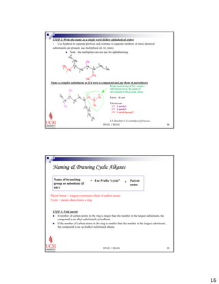 16 
STEP 2: Write the name as a single word (follow alphabetical order) 
1. Use hyphens to separate prefixes and commas to separate numbers or more identical 
substituents are present, use multipliers (di, tri, tetra) 
„ Note : the multipliers are not use for alphabetizing. 
Name a complex substituent as if it were a compound and put them in parentheses 
EP101 / EG101 34 
Naming & Drawing Cyclic Alkanes 
EP101 / EG101 35 
Name of branching 
group or substitute (if 
any) 
Parent 
name 
+ Use Prefix “cyclo” + 
Parent Name = longest continuous chain of carbon atoms 
Cyclo = parent chain forms a ring 
STEP 1: Find parent 
„ If number of carbon atoms in the ring is larger than the number in the largest substituent, the 
compound is an alkyl-substituted cycloalkane. 
„ If the number of carbon atoms in the ring is smaller than the number in the largest substituent, 
the compound is an cycloalkyl-substituted alkane. 
 