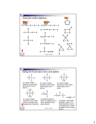 3 
Some five-carbon skeletons 
C 
C 
EP101 / EG101 5 
C C C C C 
C 
C C C C 
C 
C C C 
C 
C C C C C 
C C C C C 
C C C C 
C 
C C C C 
C 
C C 
C C 
C 
C C 
C C 
C C 
C 
C C 
C 
C 
C 
C C 
C C 
C 
C C 
C C C C 
single 
bonds 
double 
bond 
ring 
Adding the H-atom skin to the C-atom skeleton 
C C C 
A C atom single-bonded 
to two other 
atoms gets two H 
atoms. 
H 
C C C 
C 
C H 
H 
C C C 
C C 
H 
C C 
EP101 / EG101 6 
H 
C C 
A C atom single-bonded 
to one other 
atom gets three H 
atoms. 
H 
A C atom single-bonded 
to three other 
atoms gets one H 
atom. 
H 
H H 
C C C 
C 
A C atom single-bonded 
to four other 
atom is already fully 
bonded (no H atoms). 
H 
A double- and single-bonded 
C atom or a 
triple-bonded C atom 
is treated as if it were 
bonded to three other 
atoms. 
A double-bonded C 
atom is treated as if it 
were bonded to two 
other atoms. 
 