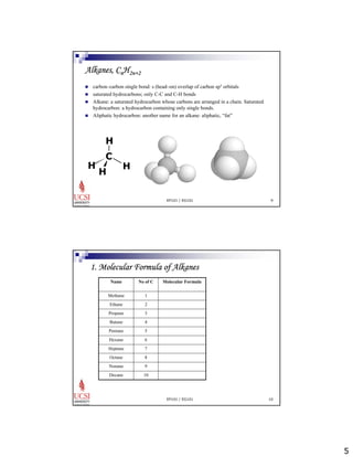 5 
„ carbon–carbon single bond: s (head–on) overlap of carbon sp3 orbitals 
„ saturated hydrocarbons; only C-C and C-H bonds 
„ Alkane: a saturated hydrocarbon whose carbons are arranged in a chain. Saturated 
hydrocarbon: a hydrocarbon containing only single bonds. 
„ Aliphatic hydrocarbon: another name for an alkane: aliphatic, “fat” 
EP101 / EG101 9 
Alkanes, CnH2n+2 
C 
H 
H 
H 
H 
1. Molecular Formula of Alkanes 
Name No of C Molecular Formula 
EP101 / EG101 10 
Methane 1 
Ethane 2 
Propane 3 
Butane 4 
Pentane 5 
Hexane 6 
Heptane 7 
Octane 8 
Nonane 9 
Decane 10 
 