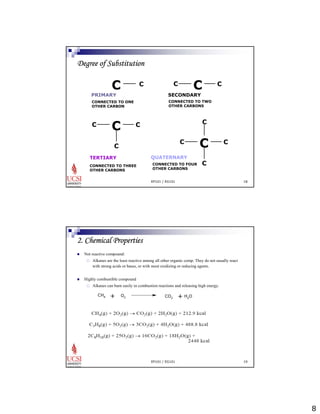 8 
CONNECTED TO TWO 
OTHER CARBONS 
C 
EP101 / EG101 18 
C C 
PRIMARY 
C C C 
CONNECTED TO ONE 
OTHER CARBON 
C C C 
C C C C 
C 
SECONDARY 
TERTIARY QUATERNARY 
CONNECTED TO THREE 
OTHER CARBONS 
CONNECTED TO FOUR 
OTHER CARBONS 
Degree of Substitution 
EP101 / EG101 19 
2. Chemical Properties 
„ Not reactive compound: 
… Alkanes are the least reactive among all other organic comp. They do not usually react 
with strong acids or bases, or with most oxidizing or reducing agents. 
„ Highly combustible compound 
… Alkanes can burn easily in combustion reactions and releasing high energy. 
CH4 O2 CO2 H O 2 + + 
 