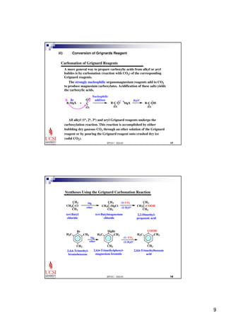 9 
iii) Conversion of Grignards Reagent 
Carbonation of Grignard Reagents 
A more general way to prepare carboxylic acids from alkyl or aryl 
halides is by carbonation (reaction with CO2) of the corresponding 
Grignard reagents. 
The strongly nucleophilic organomagnesium reagents add to CO2 
to produce magnesium carboxylates. Acidification of these salts yields 
the carboxylic acids. 
- +MgX 
:: 
H3O+ 
: : 
R-C-OH 
:O: 
= 
EP101 / EG101  
d- d+ 
R-MgX 
:O: 
= 
+ C 
= 
:O: 
R-C-O 
:O: 
= 
: 
Nucleophilic 
addition 
All alkyl (1o, 2o, 3o) and aryl Grignard reagents undergo the 
carboxylation reaction. This reaction is accomplished by either 
bubbling dry gaseous CO2 through an ether solution of the Grignard 
reagent or by pouring the Grignard reagent onto crushed dry ice 
(solid CO2). 
Syntheses Using the Grignard Carbonation Reaction 
CH3 
CH3 
Mg 
ether CH3C-MgCl 
tert-Butylmagnesium 
chloride 
CH3 
CH3 
MgBr 
COOH 
H3C H3C 
EP101 / EG101  
CH3 
CH3 
CH3C-Cl 
tert-Butyl 
chloride 
CH3C-COOH 
2,2-Dimethyl-propanoic 
acid 
(1) CO2 
(2) H3O+ 
Br 
H3C CH3 
CH3 
Mg 
ether 
CH3 
CH3 
2,4,6-Trimethylphenyl-magnesium 
bromide 
CH3 
CH3 
2,4,6-Trimethylbenzoic 
acid 
(1) CO2 
(2) H3O+ 
2,4,6-Trimethyl-bromobenzene 
 