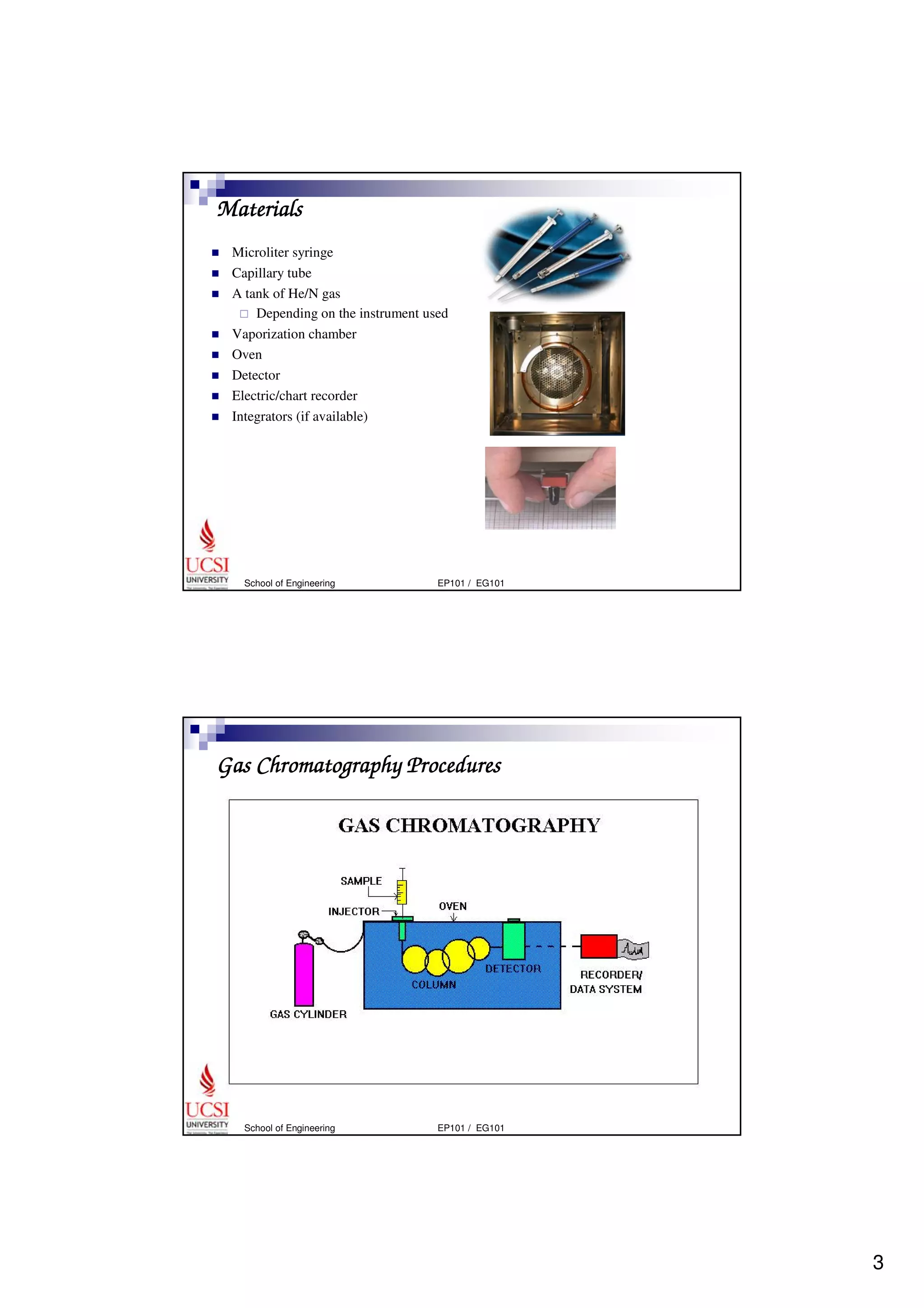 3 
Materials 
 Microliter syringe 
 Capillary tube 
 A tank of He/N gas 
 Depending on the instrument used 
 Vaporization chamber 
 Oven 
 Detector 
 Electric/chart recorder 
 Integrators (if available) 
School of Engineering EP101 / EG101 
Gas Chromatography Procedures 
School of Engineering EP101 / EG101 
 
