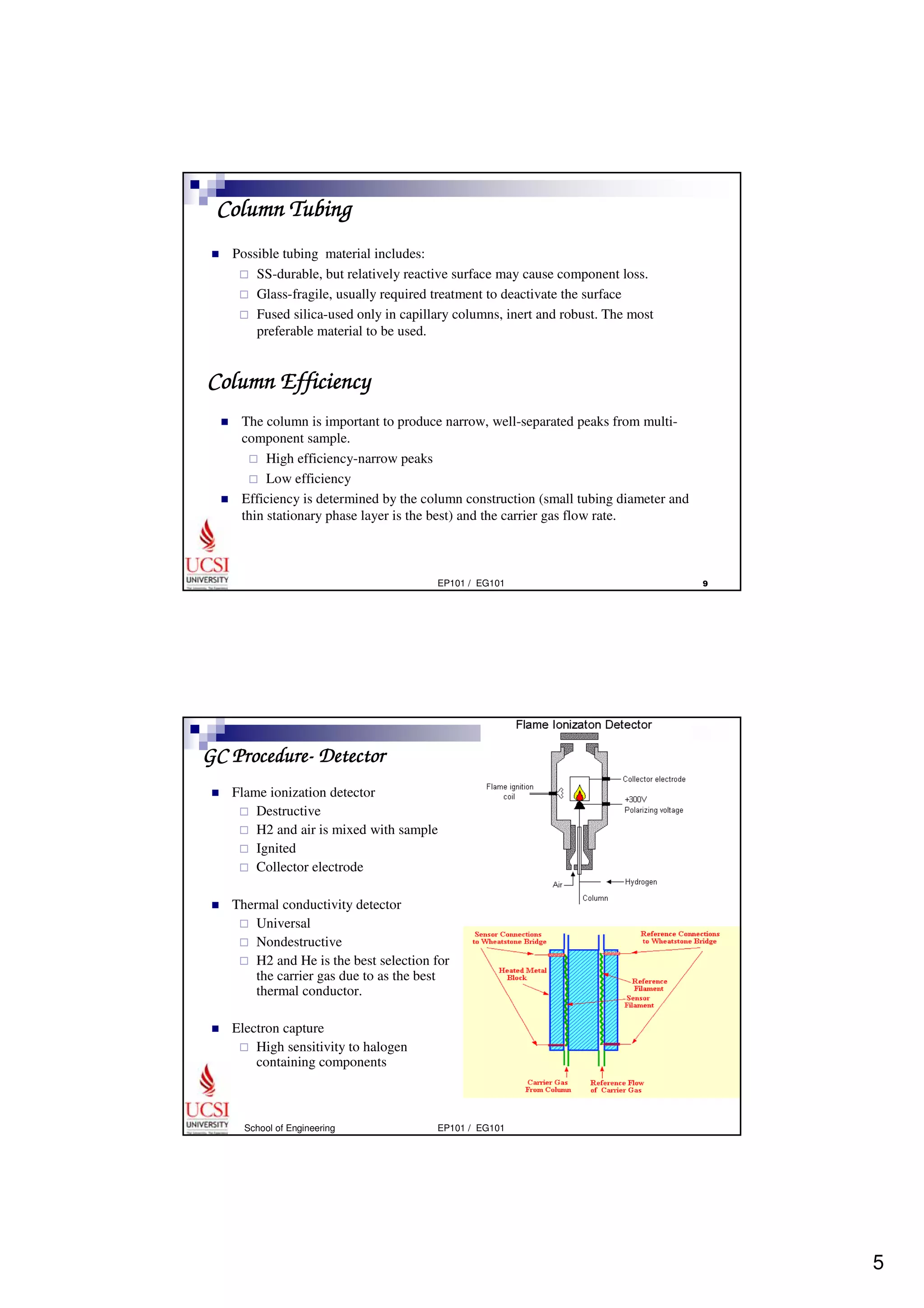 5 
EP101 / EG101  
Column Tubing 
 Possible tubing material includes: 
 SS-durable, but relatively reactive surface may cause component loss. 
 Glass-fragile, usually required treatment to deactivate the surface 
 Fused silica-used only in capillary columns, inert and robust. The most 
preferable material to be used. 
Column Efficiency 
 The column is important to produce narrow, well-separated peaks from multi-component 
sample. 
 High efficiency-narrow peaks 
 Low efficiency 
 Efficiency is determined by the column construction (small tubing diameter and 
thin stationary phase layer is the best) and the carrier gas flow rate. 
GC Procedure- Detector 
 Flame ionization detector 
 Destructive 
 H2 and air is mixed with sample 
 Ignited 
 Collector electrode 
 Thermal conductivity detector 
 Universal 
 Nondestructive 
 H2 and He is the best selection for 
the carrier gas due to as the best 
thermal conductor. 
 Electron capture 
 High sensitivity to halogen 
containing components 
School of Engineering EP101 / EG101 
 
