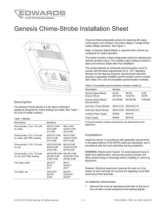© 2010 UTC Fire & Security. All rights reserved. 1 / 4 P/N 3100562 • REV 2.0 • ISS 19AUG10
Genesis Chime-Strobe Installation Sheet
Description
The Genesis Chime-Strobe is a fire alarm notification
appliance designed for indoor ceilings and walls. See Table 1
for a list of model numbers.
Table 1: Models
Description Numbers
Chime-strobe, 15 to 110 multi-
cd, white
ADTG1-CVM
EG1-CVM
G1-CVM
MG1-CVM
XLSG1-CVM
ZG1-CVM
Chime-strobe, 15 to 110 multi-
cd, white, with FIRE marking
ADTG1F-CVM
EG1F-CVM
G1F-CVM
MG1F-CVM
XLSG1F-CVM
ZG1F-CVM
Chime-strobe, 15 to 110 multi-
cd, red
ADTG1R-CVM
EG1R-CVM
G1R-CVM
MG1R-CVM
XLSG1R-CVM
ZG1R-CVM
Chime-strobe, 15 to 110 multi-
cd, red, with FIRE marking
ADTG1RF-CVM
EG1RF-CVM
G1RF-CVM
MG1RF-CVM
XLSG1RF-CVM
ZG1RF-CVM
Trim plate, white ADTG1T
EG1T
G1T
MG1T
XLSG1T
ZG1T
Trim plate, red ADTG1RT
EG1RT
G1RT
MG1RT
XLSG1RT
ZG1RT
There are field-configurable options for selecting dB output,
chime signal, and constant noncoded voltage or single-stroke
coded voltage operation. See Figure 1.
Note: A Genesis Signal Master is required when chimes are
configured for coded operation.
The strobe includes a field-configurable switch for selecting the
desired candela output. The candela output setting is locked in
place and remains visible after final installation.
This strobe features an enhanced synchronization circuit to
comply with the latest requirements of UL 1971 Signaling
Devices for the Hearing Impaired. Synchronized operation
requires a separately installed synchronization control module.
See Table 2 for a list of compatible synchronization modules.
Table 2: Compatible synchronization module models [1]
Description Number
Genesis Signal Master
Snap-on Mount
EG1M
ADTG1M
MG1M
XLSG1M
G1M
ZG1M
Genesis Signal Master -
Remote Mount
EG1M-RM MG1M-RM G1M-RM
Auto-Sync Output Module SIGA-CC1S SIGA-MCC1S
Dual Input Signal Module SIGA-CC2A SIGA-MCC2 A
Auxiliary Power Supply APS6A APS10A
Power Supply BPS6A BPS10A
[1] Synchronization module requirements are determined by the
application.
Installation
Install this device in accordance with applicable requirements
in the latest editions of the NFPA codes and standards, and in
accordance with the local authorities having jurisdiction.
WARNING: Electrocution hazard. To avoid personal injury or
death from electrocution, remove all sources of power and
allow stored energy to discharge before installing or removing
equipment.
Caution: Electrical supervision requires the wire run to be
broken at each terminal. Do not loop the signaling circuit field
wires around the terminals.
To install the chime-strobe:
1. Remove the cover by depressing both tabs on the top of
the unit with a small screwdriver and twisting slightly.
 