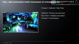21 | Forward+ | 2012
REAL TIME SHADOWING FROM THOUSANDS OF DYNAMIC LIGHTS
§ Forward + Deferred + Ray Trace
§ Deferred = ...