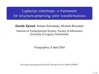 Laplacian colormaps: a framework
for structure-preserving color transformations
Davide Eynard, Artiom Kovnatsky, Michael Bronstein
Institute of Computational Science, Faculty of Informatics
University of Lugano, Switzerland
Eurographics, 8 April 2014
This research was supported by the ERC Starting Grant No. 307047 (COMET).
1 / 40
 