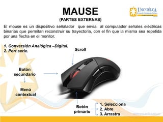 MAUSE
(PARTES EXTERNAS)
Botón
primario
Botón
secundario
Scroll
1. Selecciona
2. Abre
3. Arrastra
Menú
contextual
El mouse es un dispositivo señalador que envía al computador señales eléctricas
binarias que permitan reconstruir su trayectoria, con el fin que la misma sea repetida
por una flecha en el monitor.
1. Conversión Analógica –Digital.
2. Port serie.
 
