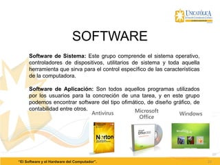 22“El Software y el Hardware del Computador”.
SOFTWARE
Software de Sistema: Este grupo comprende el sistema operativo,
controladores de dispositivos, utilitarios de sistema y toda aquella
herramienta que sirva para el control específico de las características
de la computadora.
Software de Aplicación: Son todos aquellos programas utilizados
por los usuarios para la concreción de una tarea, y en este grupo
podemos encontrar software del tipo ofimático, de diseño gráfico, de
contabilidad entre otros.
 