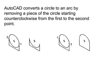 AutoCAD converts a circle to an arc by removing a piece of the circle starting counterclockwise from the first to the second point. 