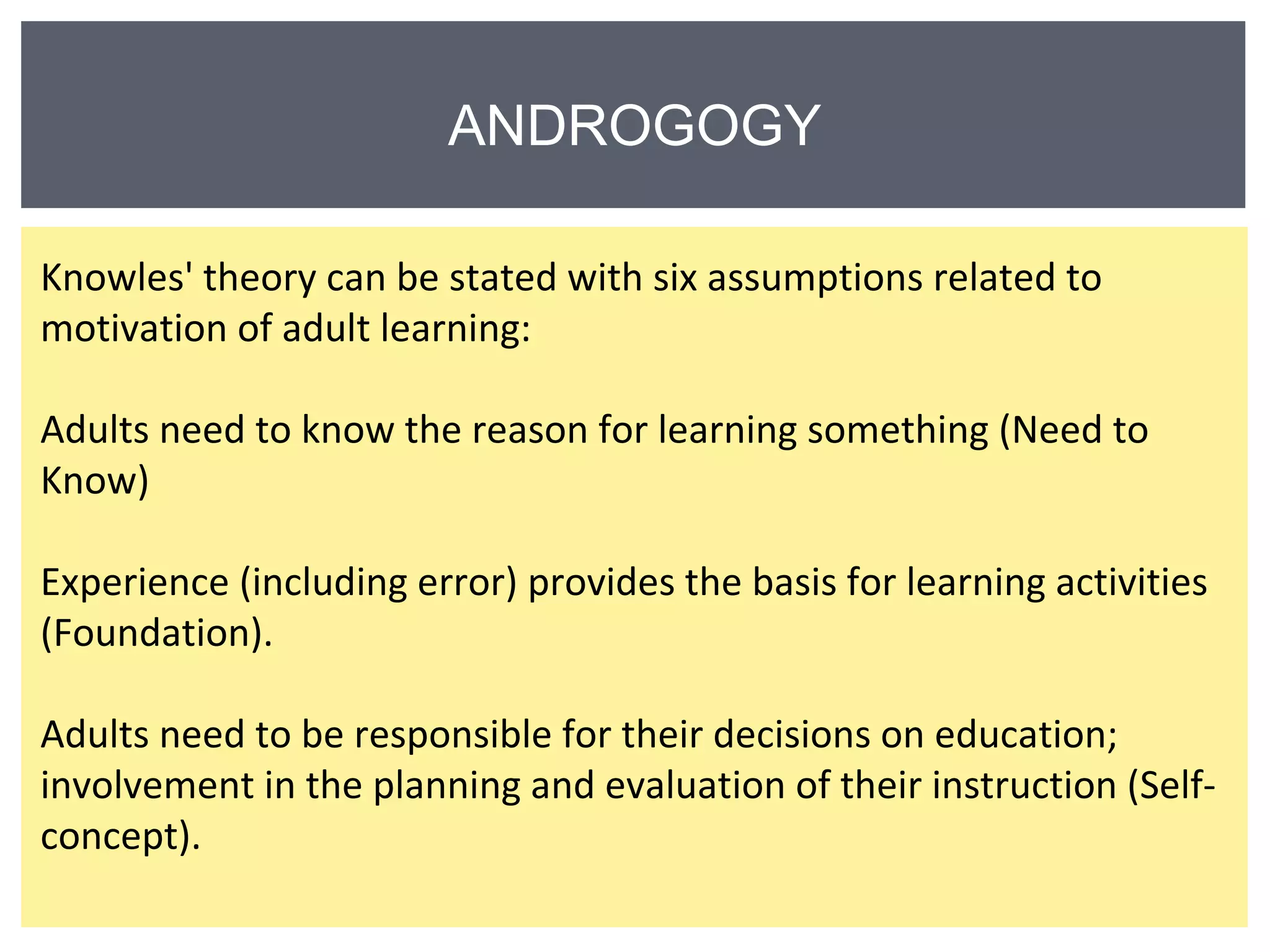ANDROGOGY 
Knowles' theory can be stated with six assumptions related to 
motivation of adult learning: 
Adults need to know the reason for learning something (Need to 
Know) 
Experience (including error) provides the basis for learning activities 
(Foundation). 
Adults need to be responsible for their decisions on education; 
involvement in the planning and evaluation of their instruction (Self-concept). 
 