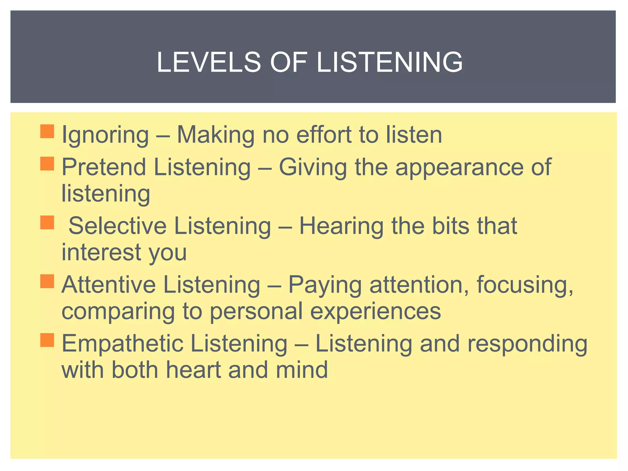 LEVELS OF LISTENING 
Ignoring – Making no effort to listen 
Pretend Listening – Giving the appearance of 
listening 
 Selective Listening – Hearing the bits that 
interest you 
Attentive Listening – Paying attention, focusing, 
comparing to personal experiences 
Empathetic Listening – Listening and responding 
with both heart and mind 
 