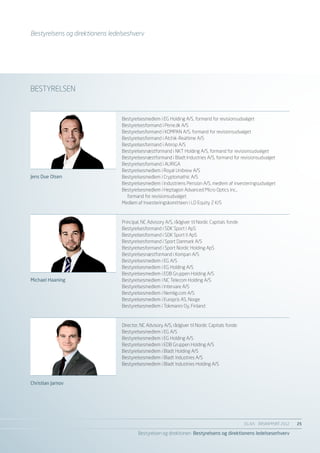 Bestyrelsens og direktionens ledelseshverv




BESTYRELSEN


                                 Bestyrelsesmedlem i EG Holding A/S, formand for revisionsudvalget
                                 Bestyrelsesformand i Perre.dk A/S
                                 Bestyrelsesformand i KOMPAN A/S, formand for revisionsudvalget
                                 Bestyrelsesformand i Atchik-Realtime A/S
                                 Bestyrelsesformand i Amrop A/S
                                 Bestyrelsesnæstformand i NKT Holding A/S, formand for revisionsudvalget
                                 Bestyrelsesnæstformand i Bladt Industries A/S, formand for revisionsudvalget
                                 Bestyrelsesformand i AURIGA
                                 Bestyrelsesmedlem i Royal Unibrew A/S
Jens Due Olsen                   Bestyrelsesmedlem i Cryptomathic A/S
                                 Bestyrelsesmedlem i Industriens Pension A/S, medlem af investeringsudvalget
                                 Bestyrelsesmedlem i Heptagon Advanced Micro Optics Inc.,
                                 	 formand for revisionsudvalget
                                 Medlem af Investeringskomitteen i LD Equity 2 K/S



                                 Principal, NC Advisory A/S, rådgiver til Nordic Capitals fonde
                                 Bestyrelsesformand i SDK Sport I ApS
                                 Bestyrelsesformand i SDK Sport II ApS
                                 Bestyrelsesformand i Sport Danmark A/S
                                 Bestyrelsesformand i Sport Nordic Holding ApS
                                 Bestyrelsesnæstformand i Kompan A/S
                                 Bestyrelsesmedlem i EG A/S
                                 Bestyrelsesmedlem i EG Holding A/S
                                 Bestyrelsesmedlem i EDB Gruppen Holding A/S
Michael Haaning                  Bestyrelsesmedlem i NC Telecom Holding A/S
                                 Bestyrelsesmedlem i Intervare A/S
                                 Bestyrelsesmedlem i Nemlig.com A/S
                                 Bestyrelsesmedlem i Europris AS, Norge
                                 Bestyrelsesmedlem i Tokmanni Oy, Finland



                                 Director, NC Advisory A/S, rådgiver til Nordic Capitals fonde
                                 Bestyrelsesmedlem i EG A/S
                                 Bestyrelsesmedlem i EG Holding A/S
                                 Bestyrelsesmedlem i EDB Gruppen Holding A/S
                                 Bestyrelsesmedlem i Bladt Holding A/S
                                 Bestyrelsesmedlem i Bladt Industries A/S
                                 Bestyrelsesmedlem i Bladt Industries Holding A/S


Christian Jarnov




                                                                                                  EG A/S ÅRSRAPPORT 2012	   25

                                         Bestyrelsen og direktionen Bestyrelsens og direktionens ledelseserhverv
 