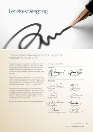 Ledelsespåtegning




Bestyrelse og direktion har dags dato behandlet og godkendt
årsrapporten for 2012 for EG A/S.

Årsregnskabet og koncernregnskabet udarbejdes efter Inter-         Herning, den 4. april 2013
national Financial Reporting Standards som godkendt af EU.
Årsregnskabet og koncernregnskabet udarbejdes herudover            Direktion
i overensstemmelse med yderligere danske oplysningskrav.
Ledelsesberetningen udarbejdes ligeledes efter danske oplys-
ningskrav.
                                                                   Leif Vestergaard	                    Bjarne Aarup
Årsregnskabet og koncernregnskabet giver efter vores opfat-        Koncernchef
telse et retvisende billede af selskabets og koncernens aktiver,
passiver og finansielle stilling pr. 31. december 2012 samt af     Bestyrelse
resultatet af selskabets og koncernens aktiviteter og penge-
strømme for regnskabsåret 1. januar - 31. december 2012.

Ledelsesberetningen indeholder efter vores opfattelse en           Lars Terney	 Mogens Elsberg
retvisende redegørelse for udviklingen i selskabets og koncer-     Formand	Næstformand
nens aktiviteter og økonomiske forhold, årets resultat og af
selskabets og koncernens finansielle stilling samt en beskri-
velse af de væsentligste risici og usikkerhedsfaktorer, som
selskabet og koncernen står over for.                              Jens Due Olsen	                      Michael Haaning

Årsrapporten indstilles til generalforsamlingens godkendelse.

                                                                   Christian Jarnov	                    Hanne Madsen




                                                                   Charlotte Kronborg Bennetsen	        Bent Mosgaard




                                                                                                         EG A/S ÅRSRAPPORT 2012	   27

                                                                                                Påtegninger Ledelsespåtegning
 