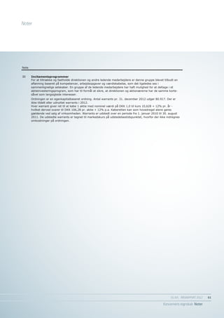 Rentebærende aktiver og gæld i alt, netto                                   40,9      -12,2         0,0


                                                                                                                  Nominel
       Moderselskab                                                               0-1 år     1-5 år     > 5 år rente, pct.


NoterLikvide beholdninger                                                            3,8        0,0        0,0        0-0
       Gæld til pengeinstitutter                                                    -7,8        0,0        0,0        2-3
       Medarbejderobligationer                                                      -2,5       -9,7        0,0        2-4

       Rentebærende aktiver og gæld i alt, netto                                    -6,4       -9,7        0,0


       EG har kun variabelt forrentede lån.


       Kapitalstyring
       Udbyttet fastsættes ud fra et ønske om altid at have tilstrækkelig likviditet i EG til at møde potentielle krav
                                                                                    Koncern
       samt under hensyntagen til en optimering af afkastet i EG og dets moderselskab.                  Moderselskab
Note   I millioner DKK                                                             2012        2011      2012       2011


29
30     Finansielle instrumenter - fortsat
       Incitamentsprogrammer
       For at tiltrække og fastholde direktionen og andre ledende medarbejdere er denne gruppe blevet tilbudt en
       Markedsrisiko
       aflønning baseret på kompetencer, arbejdsopgaver og værdiskabelse, som det ligeledes ses i
       Fakturering til ind- og udland sker primært i DKK. Valutarisikoen på tilgodehavender anses for uvæsentlig.
       sammenlignelige selskaber. En gruppe af de ledende medarbejdere har haft mulighed for at deltage i et
       Køb af ydelser i udlandet sker i fremmed valuta, primært EUR. Valutarisikoen på køb af varer og
       aktieinvesteringsprogram, som har til formål at sikre, at direktionen og aktionærerne har de samme korte-
       tjenesteydelser anses for uvæsentlig.
       såvel som langsigtede interesser.
       Koncern: EG's valutarisici består herudover af tilgodehavender/(gæld), likvide midler og nettoinvesteringer i
       Ordningen er en egenkapitalbaseret ordning. Antal warrants pr. 31. december 2012 udgør 80.917. Der er
       udenlandske datterselskaber, henholdsvis NOK 50 mio. og SEK -1 mio. EG anvender ikke finansielle
       ikke tildelt eller udnyttet warrants i 2012.
       kontrakter til afdækning af valutarisici.
       Hver warrant giver ret til at købe 1 aktie med nominel værdi på DKK 1,0 til kurs 10,628 + 12% pr. år -
       Moderselskab: EG's valutarisici består herudover af tilgodehavender/(gæld), likvide midler og investeringer i
       hvilket derved svarer til DKK 106,28 pr. aktie + 12% p.a. Køberetten kan som hovedregel alene gøres
       udenlandske datterselskaber, henholdsvis NOK 16 mio. og SEK -8 mio. EG anvender ikke finansielle
       gældende ved salg af virksomheden. Warrants er udstedt over en periode fra 1. januar 2010 til 30. august
       kontrakter til afdækning af valutarisici.
       2011. De udstedte warrants er tegnet til markedskurs på udstedelsestidspunktet, hvorfor der ikke indregnes
       omkostninger på ordningen.
       Renterisici
       Værdipapirbeholdning
       Aktier                                                                       0,0         0,2        0,0           0,2


       Koncernens renterisiko er knyttet til nedenstående poster, hvor seneste tidspunkt for forfald er anført:
                                                                                                                  Nominel
       Koncern                                                                    0-1 år     1-5 år     > 5 år rente, pct.


       Likvide beholdninger                                                        48,9         0,0        0,0        0-0
       Gæld til pengeinstitutter                                                    -5,5        0,0        0,0        2-3
       Medarbejderobligationer                                                      -2,5     -12,2         0,0        2-4

       Rentebærende aktiver og gæld i alt, netto                                   40,9      -12,2         0,0


                                                                                                                  Nominel
       Moderselskab                                                               0-1 år     1-5 år     > 5 år rente, pct.


       Likvide beholdninger                                                          3,8        0,0        0,0        0-0
       Gæld til pengeinstitutter                                                    -7,8        0,0        0,0        2-3
       Medarbejderobligationer                                                      -2,5       -9,7        0,0        2-4

       Rentebærende aktiver og gæld i alt, netto                                    -6,4       -9,7        0,0


       EG har kun variabelt forrentede lån.


       Kapitalstyring
       Udbyttet fastsættes ud fra et ønske om altid at have tilstrækkelig likviditet i EG til at møde potentielle krav
       samt under hensyntagen til en optimering af afkastet i EG og dets moderselskab.



30     Incitamentsprogrammer
       For at tiltrække og fastholde direktionen og andre ledende medarbejdere er denne gruppe blevet tilbudt en
       aflønning baseret på kompetencer, arbejdsopgaver og værdiskabelse, som det ligeledes ses i
       sammenlignelige selskaber. En gruppe af de ledende medarbejdere har haft mulighed for at deltage i et
       aktieinvesteringsprogram, som har til formål at sikre, at direktionen og aktionærerne har de samme korte-
       såvel som langsigtede interesser.
       Ordningen er en egenkapitalbaseret ordning. Antal warrants pr. 31. december 2012 udgør 80.917. Der er
       ikke tildelt eller udnyttet warrants i 2012.
       Hver warrant giver ret til at købe 1 aktie med nominel værdi på DKK 1,0 til kurs 10,628 + 12% pr. år -
       hvilket derved svarer til DKK 106,28 pr. aktie + 12% p.a. Køberetten kan som hovedregel alene gøres
       gældende ved salg af virksomheden. Warrants er udstedt over en periode fra 1. januar 2010 til 30. august
       2011. De udstedte warrants er tegnet til markedskurs på udstedelsestidspunktet, hvorfor der ikke indregnes
       omkostninger på ordningen.

                                                                                                                 EG A/S ÅRSRAPPORT 2012	   61

                                                                                                           Koncernens regnskab Noter
 