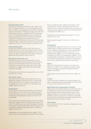 Årets resultat




Resultatudvikling, EBITA                                              at der er investeret mindre i opkøb af virksomheder i 2012
EG-koncernens driftsresultat, EBITA, for 2012 udgør 120,8             i forhold til 2011. Af årets investeringer på 135,4 mio. kr.
mio. kr. i forhold til 109,4 mio. kr. for den tilsvarende periode i   skyldes 24,7 mio. kr. køb af immaterielle aktiver, og investering
2011, svarende til en fremgang på 10,4 %. EBITA-fremgangen            i materielle aktiver udgjorde 13,7 mio. kr. Hertil kommer køb af
skyldes en kombination af opkøb og forbedret lønsomhed i den          virksomheder med 98,5 mio. kr.
eksisterende forretning. I vurderingen af EBITA-fremgangen
er der i 2012 indeholdt betydelige ressourcer, både kvanti-           Pengestrøm fra finansieringsaktivitet udgjorde -1,3 mio. kr.
ficerbare og ikke kvantificerbare, til opkøb og efterfølgende         mod 0,7 mio. kr. i 2011.
integration af de opkøbte virksomheder samt en intern
reorganisering af virksomheden. Normaliseret EBITA, reguleret         Årets pengestrøm udgør 17,1 mio. kr. mod -144,0 mio. kr. i
for omkostninger til opkøb og restrukturering, andrager i 2012        2011.
140,6 mio. kr. (131,1 mio. kr.), svarende til en vækst på 7,2 %.
                                                                      Arbejdskapital
Resultatudvikling EBIT                                                Arbejdskapitalen udgjorde 178,4 mio. kr. (175,1 mio. kr.). Stig-
EG-koncernen realiserede i 2012 et EBIT på 67,3 mio. kr. i            ningen skyldes et stigende aktivitetsniveau. Ved udgangen
forhold til 79,4 mio. kr. i 2011. Reduktionen af EBIT i forhold       af 2012 udgjorde arbejdskapitalen 11,9 % af omsætningen,
til 2012 skyldes, at amortiseringer udgjorde 53,5 mio. kr. mod        hvilket er en betydelig forbedring i forhold til 2011, hvor
30,0 mio. kr. i 2011. Selskabet har i 2012 valgt at nedskrive         arbejdskapitalen udgjorde 13,2 % af omsætningen, og sam-
goodwill på Utility-divisionen med 24,2 mio. kr.                      menlignet med 2008, hvor arbejdskapitalen udgjorde 17,6 %
                                                                      af omsætningen. Forbedringen i arbejdskapitalen fra 2011 til
Normaliseret resultat efter skat                                      2012 kommer hovedsaligt fra en reduktion af forfaldne debi-
Normaliseret resultat efter skat udtrykker årets resultat             torer samt en reduktion af beholdningen af handelsvarer.
efter skat reguleret for ekstraordinære forhold, som ikke kan
tilskrives den fortsættende driftsaktivitet, herunder salg            Balance
af aktiviteter, restruktureringsomkostninger, omkostninger            Ultimo 2012 havde EG A/S en samlet koncernbalance på
til integration af opkøbte virksomheder og amortiseringer i           986,7 mio. kr. (929,3 mio. kr.). Stigningen i balancen skyldes
forbindelse med opkøb.                                                primært en forøgelse af goodwill som følge af tilgang af
                                                                      opkøbte virksomheder.
Normaliseret resultat efter skat andrager 103,5 mio. kr. i 2012
mod 97,4 mio. kr. i 2011.                                             Egenkapitalen var ultimo 2012 på 441,0 mio. kr. (390,1 mio.
                                                                      kr.).
Skat af årets resultat
Skat af årets resultat består af aktuel skat på 25,9 mio. kr.,        Fusioner
regulering af tidligere års skat med 0,5 mio. kr. og ændring i        Som led i koncernens strategi om at reducere antallet af sel-
udskudt skat på -6,4 mio. kr., således at skat af årets resul-        skaber er datterselskabet EG Retail & Medie A/S med virkning
tat udgjorde 20,0m mio. kr. (20,2 mio. kr.). Skatteprocenten          fra 1. januar 2012 fusioneret ind i EG A/S.
udgjorde således 29 % (26 %)
                                                                      Begivenheder efter regnskabsårets afslutning
Pengestrømme                                                          I januar 2013 overtog EG A/S aktierne i svenske Unitail AB - en
Der har været en fortsat stærk pengestrøm fra driftsaktivite-         af Sveriges mest succesfulde leverandører af management-
ter på 153,8 mio. kr. (157,3 mio. kr.), som skyldes en kombi-         konsulentydelser og ERP-implementering inden for retail.
nation af selskabets vækst samt reduktion af pengebinding             Opkøbet indebærer en væsentlig udvidelse af EG’s svenske
i arbejdskapital. Arbejdskapitalen udgør 11,9 % (13,2 %) af           aktiviteter, styrker vores position som førende it-leverandør
omsætningen.                                                          til retail-sektoren i Skandinavien og bidrager yderligere til EG’s
                                                                      førerposition inden for Dynamics i Europa.
EG har gennem kontinuerlig stramning af forretningsmodellen
sikret, at en stigende andel af driftsindtjeningen bliver konver-     Forventninger
teret til frit cashflow, som kan anvendes til opkøb af relevante      EG forventer, at der i 2013 vil være fortsat fremgang i omsæt-
virksomheder eller gældsnedbringelse. Opkøb foretaget i 2012          ning og indtjening.
er finansieret via eget cashflow, Derudover er nettolikvider
forøget med 32,8 mio. kr.

Pengestrømme fra investeringsaktiviteter udgjorde -135,4
mio. kr. (-302,1 mio. kr.). Reduktionen i forhold til 2011 skyldes,



                                                                                                               EG A/S ÅRSRAPPORT 2012	     8

                                                                                                    Ledelsesberetning Årets resultat
 