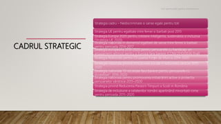 CADRUL STRATEGIC
Strategia cadru – Nediscriminare si sanse egale pentru toti
Strategia UE pentru egalitate intre femei si barbati post 2015
Strategia Europa 2020 pentru crestere inteligenta, sustenabila si incluziva
(Strategia UE 2020)
Strategia naționala in domeniul egalitatii de sanse între femei si barbati
pentru perioada 2014-2017
Strategia europeana 2010-2020 pentru persoanele cu handicap: un
angajament reînnoit pentru o Europa fara bariere (COM/2010/0636 final)
Strategia Nationala pentru Ocuparea Forței de Munca 2014-2020
Strategia nationala privind incluziunea sociala si reducerea saraciei 2015-
2020
Strategia nationala "O societate fara bariere pentru persoanele cu
dizabilitati", 2016-2020
Strategia nationala pentru promovarea imbatrânirii active si protectia
persoanelor vârstnice 2015–2020
Strategia privind Reducerea Parasirii Timpurii a Scolii in România
Strategia de incluziune a cetatenilor români apartinând minoritatii rome
pentru perioada 2015-2020
Noi oportunitati pentru antreprenori
 