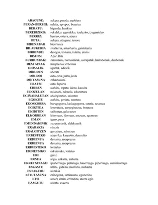 ABAGUNE:    aukera, parada, egokiera
BERAN-BEREGI:   nahita, apropos, berariaz
     BERATU:    bigundu, hunkitu
  BEREBIZIKO:   sekulako, egundoko, itzelezko, izugarrizko
     BERRIZ:    berriro, ostera, atzera
       BETA:    aukera, abagune, tenore
   BIDENABAR    bide batez
  BILAUKERIA    zitalkeria, ankerkeria, gaiztakeria
   BIRRINDU:    desegin, triskatu, txikitu, eraitsi
      BISUTS:   Apar, Bits
  BURRUNBAK:    zaratotsak, burrundarak, astrapalak, harrabotsak, danbotsak
   DESTAINAK    mesprezua, erdeinua
    DIOSALIK    agurrik, adiorik
    DIRUDUN     aberats
     DOI-DOI    ozta-ozta, juxtu-juxtu
   DOITASUNA    zehaztasuna
      EBATSI    ostu, lapurtu
      EDIREN    aurkitu, topatu, idoro, kausitu
   EDOZELAN     nolanahi, edonola, edozertara
EGINAHALETAN    ahaleginetan, saioetan
    EGOKITU     aurkitu, gertatu, suertatu
  EGOSKORRA     burugogorra, kaskagogorra, setatia, setatsua
    EGOZTEA     leporatzea, aurpegiratzea, botatzea
    EKIDITEN    saihesten, galarazten
  ELKORREAN     lehorrean, idorrean, antzuan, agorrean
       EMAN     igaro, pasa
 EMENDAKINIK    zuzenketarik, aldaketarik
   ERABAKIA     ebatzia
  ERALGITZEN    gastatzen, xahutzen
  ERBESTEKO     atzerriko, kanpoko, deserriko
    ERDEINUA    destaina, mesprezua
    ERDEINUA    destaina, mesprezua
  ERDIESTEKO    lortzeko
  ERDIETSIKO    eskuratuko, lortuko
        ERI     gaixo
      ERNEA     argia, azkarra, zuhurra
 ERRETXINAGO    ipurterreago, petralago, haserreago, pipertuago, suminkorrago
     ESKASTU    urritu, gutxitu, murriztu, mehaztu
   ESTAKURU     aitzakia
  ESTUTASUNA    ezinegona, larritasuna, egonezina
        ETSI    amore eman, errenditu, atzera egin
    EZAGUTU     aitortu, eskertu
 
