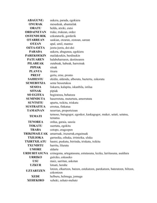 ABAGUNE:  aukera, parada, egokiera
    ONURAK   mesedeak, abantailak
     ORATU   heldu, atxiki, eutsi
 ORDAINETAN  truke, trukean, ordez
 OSTENDURIK  ezkutaturik, gorderik
  OTARREAN   saskian, otzaran, zestoan, sarean
     OTZAN   apal, umil, mantso
  OZTA-OZTA  juxtu-juxtu, doi-doi
    PARADA   aukera, abagunea, egokiera
 PAREKOEKIN  mailakoekin, berdinekin
   PATUAREN  halabeharraren, destinoaren
   PILAREAK  zutabeak, habeak, harroinak
     PIPIAK  sitsak
    PLANTA   itxura
     PREST   gertu, erne, pronto
   SAIHESTU  ekidin, aldendu, alboratu, baztertu, zokoratu
 SEMEBITXIA  seme besoetakoa
     SESIOA  liskarra, kalapita, iskanbila, istilua
     SITSAK  pipiak
   SO EGITEA begiratzea, behatzea
  SUMINDUTA  haserretuta, muturtuta, amorratuta
   SUNTSITU  apurtu, txikitu, triskatu
 SUSTRAITUA  errotua, finkatua
  TAMAINAN   neurrian, proportzioan
             temoso, burugogor, egoskor, kaskagogor, muker, setati, setatsu,
    TEMATI
             tematsu
   TENOREA   ordua, garaia, sasoia
    TOKATU   suertatu, egokitu
     TRABA   oztopo, eragozpen
TRIKIMAILUAK amarruak, iruzurrak,engainuak
   TXILIOKA  garrasika, oihuka, irrintzika, uluka
 TXIRTXILATU hautsi, puskatu, birrindu, triskatu, txikitu
   TXUNDITU  harritu, liluratu
    UMORE    aldarte
URDURITASUNA ezinegona, artegatasuna, estutasuna, kezka, larritasuna, asaldura
    URRIKO   gutxiko, eskaseko
       USU   maiz, sarritan, askotan
     UZKUR   lotsati, herabe
             lotzen, elkartzen, batzen, estekatzen, parekatzen, bateratzen, biltzen,
  UZTARTZEN
             ezkontzen
      XEDE   helburu, helmuga, jomuga
  XEHEKIRO   xeheki, zehatz-mehatz
 