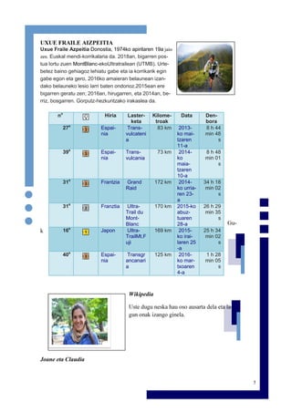 5
UXUE FRAILE AIZPEITIA
Uxue Fraile Azpeitia Donostia, 1974ko apirilaren 19a jaio
zen. Euskal mendi-korrikalaria da. 2018an, bigarren pos-
tua lortu zuen MontBlanc-ekoUltratrailean (UTMB). Urte-
betez baino gehiagoz lehiatu gabe eta ia korrikarik egin
gabe egon eta gero, 2016ko amaieran belaunean izan-
dako belauneko lesio larri baten ondorioz.2015ean ere
bigarren geratu zen; 2016an, hirugarren, eta 2014an, be-
rriz, bosgarren. Gorputz-hezkuntzako irakaslea da.
Gu-
k
Wikipedia
Uste dugu neska hau oso ausarta dela eta la-
gun onak izango ginela.
Joane eta Claudia
no
Hiria Laster-
keta
Kilome-
troak
Data Den-
bora
27e
Espai-
nia
Trans-
vulcateni
a
83 km 2013-
ko mai-
tzaren
11-a
8 h 44
min 48
s
39e
Espai-
nia
Trans-
vulcania
73 km 2014-
ko
maia-
tzaren
10-a
8 h 48
min 01
s
31e
Frantzia Grand
Raid
172 km 2014-
ko urria-
ren 23-
a
34 h 18
min 02
s
31e
Franztia Ultra-
Trail du
Mont-
Blanc
170 km 2015-ko
abuz-
tuaren
28-a
26 h 29
min 35
s
16e
Japon Ultra-
TrailMt.F
uji
169 km 2015-
ko irai-
laren 25
-a
25 h 34
min 02
s
40e
Espai-
nia
Transgr
ancanari
a
125 km 2016-
ko mar-
txoaren
4-a
1 h 28
min 05
s
 